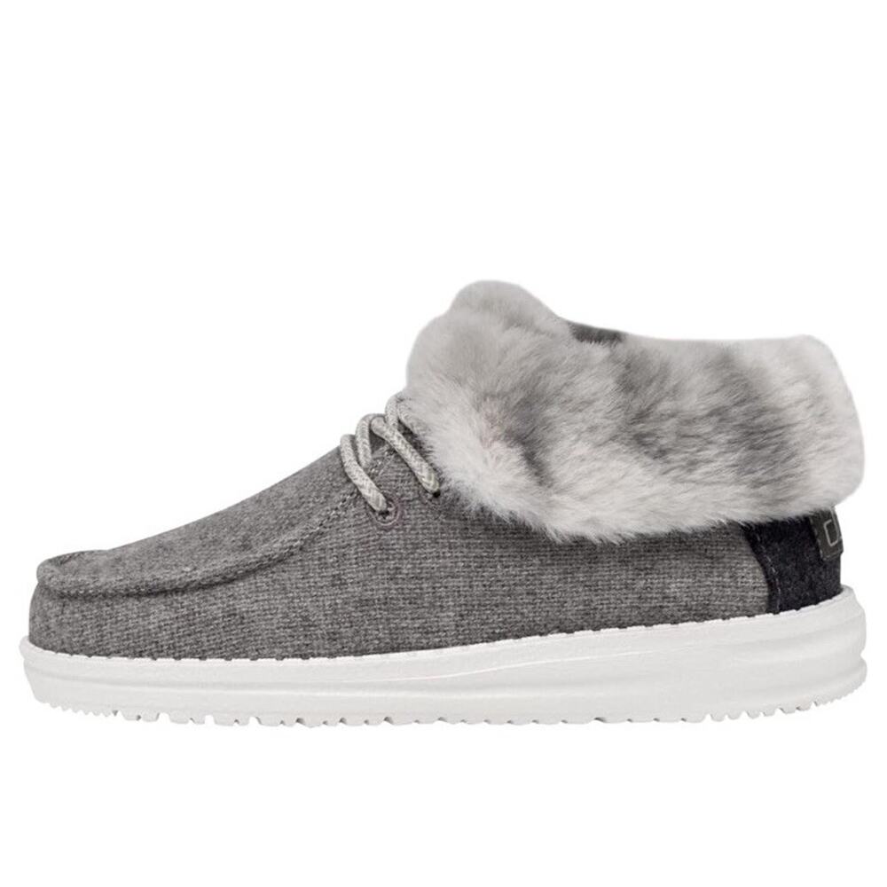Hey Dude Shoes Youth 13 Britt Sneakers Gray Faux Fur Trim Lace Up Comfort Casual